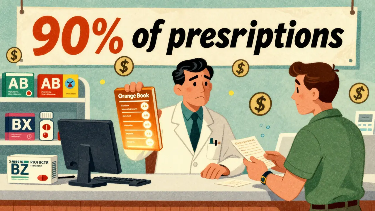 Pharmacist pointing to Orange Book ratings as colorful generic pills with AB, BX, and BZ labels line the shelf.