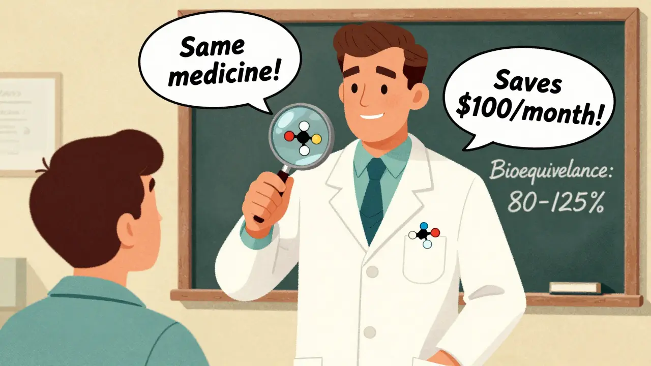 Pharmacist using a magnifying glass to show identical ingredients in brand and generic pills.