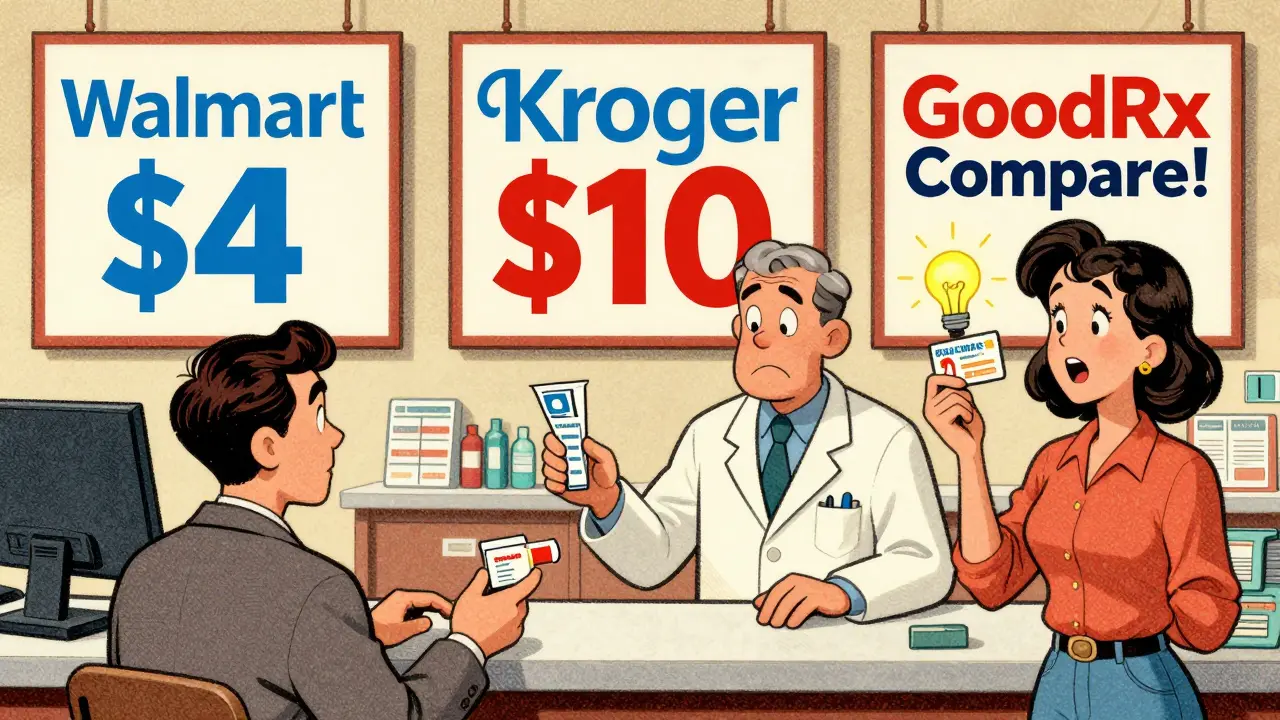 Pharmacy scene with signs for Walmart, Kroger, and GoodRx, showing contrast between insurance and discount savings.