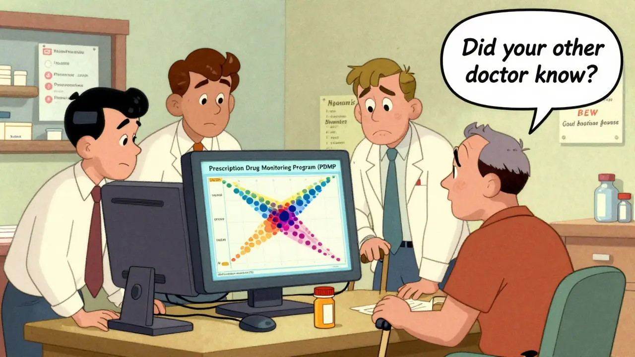 Pharmacy team reviewing PDMP map showing duplicate prescriptions from multiple pharmacies.
