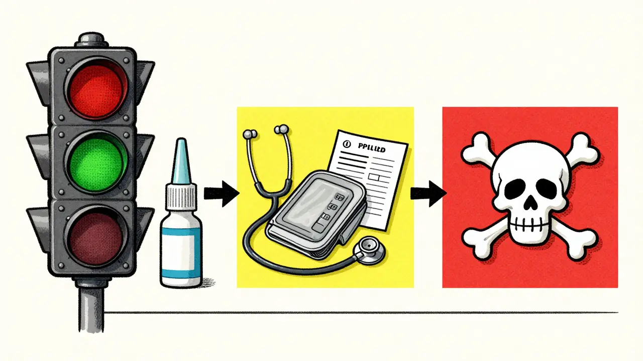 Pharmacy wall with color-coded traffic light system for medication risk levels.
