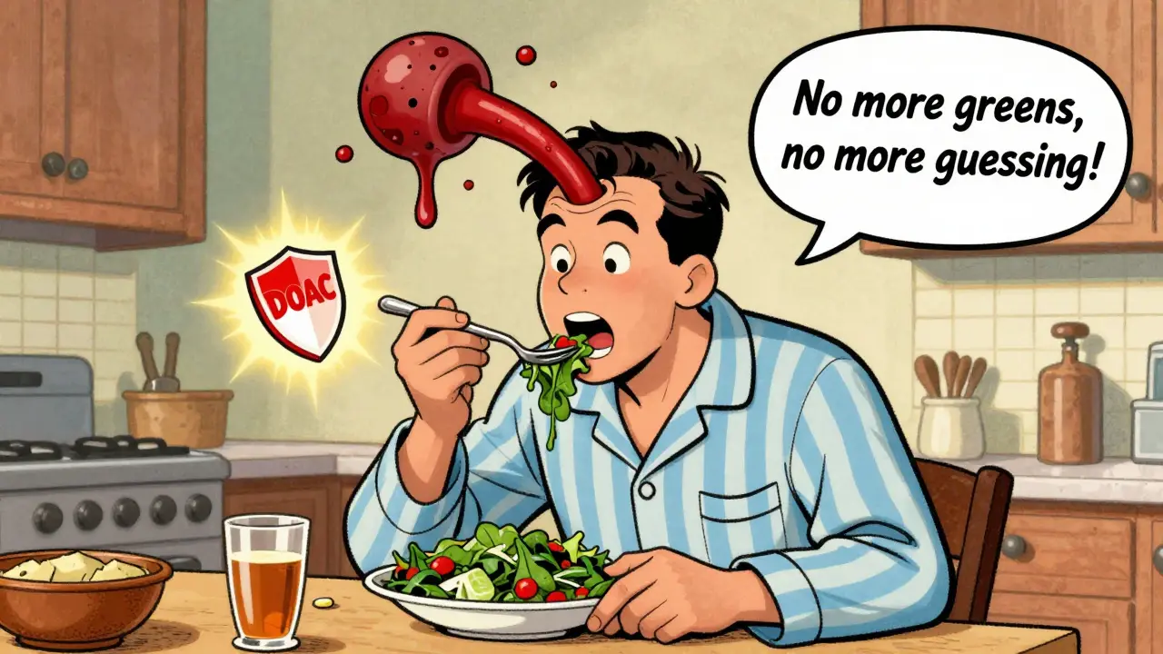 Retro cartoon man hesitating to eat spinach as blood clot appears, DOAC pill glows nearby