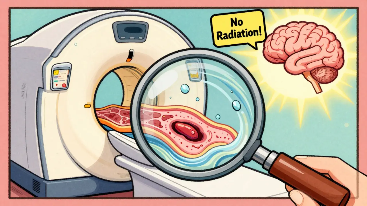 Retro cartoon MRI machine magnifying a prostate tumor with water waves showing tissue detail.