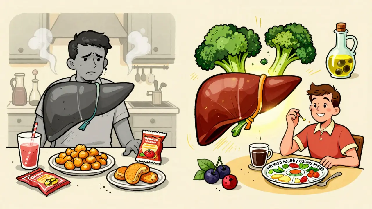 Split cartoon scene: unhealthy liver with junk food vs. healthy liver with vegetables and whole grains.