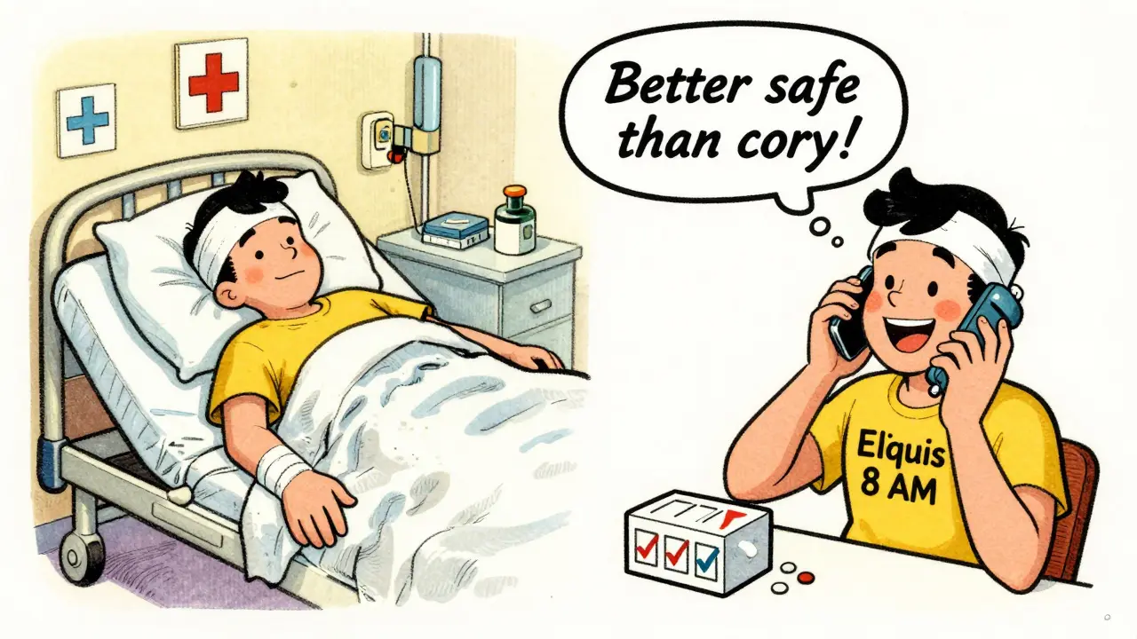 Split scene: one side shows a hospital patient after a fall, the other shows someone using alarms and a pill box for medication safety.