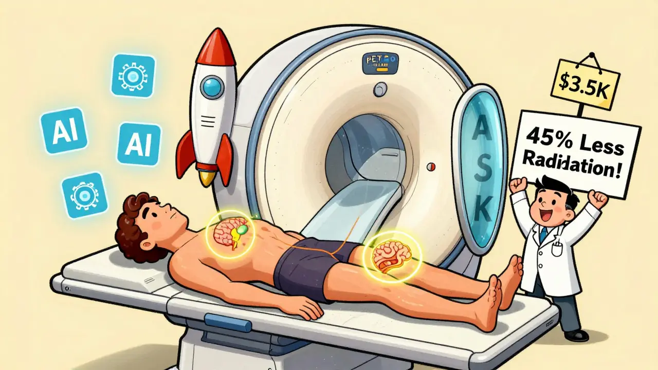 Superhero PET-MRI machine flying over a patient, reducing radiation and spotting tumors with AI.