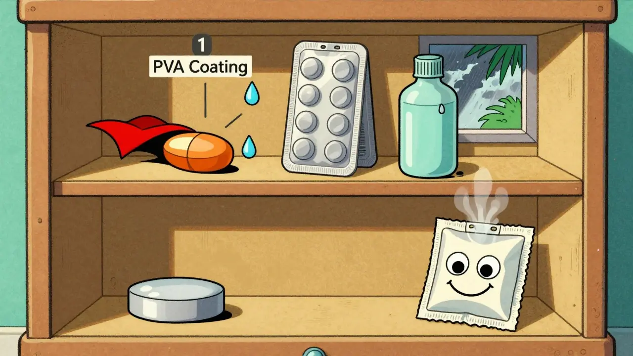 Three protective layers for pills illustrated as heroes: coating, container, and desiccant pack.