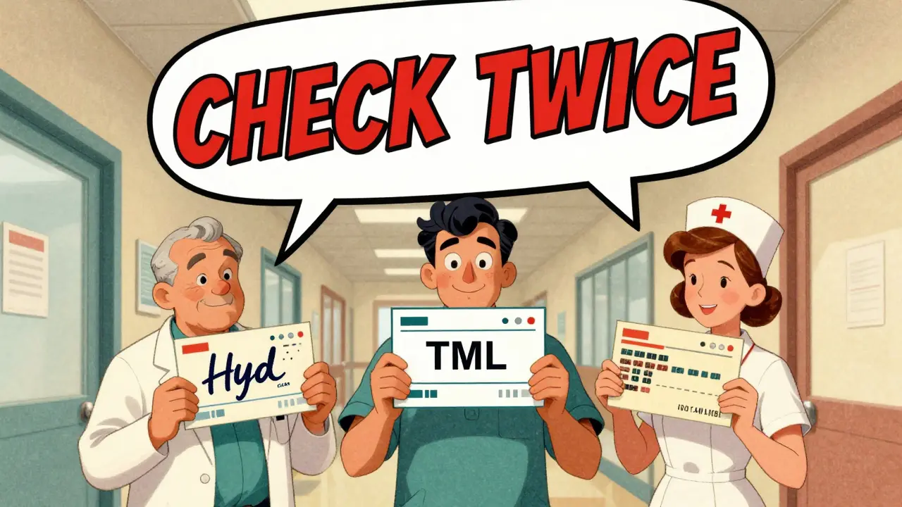 Three staff members holding different versions of a drug label with a 'CHECK TWICE' sign overhead.