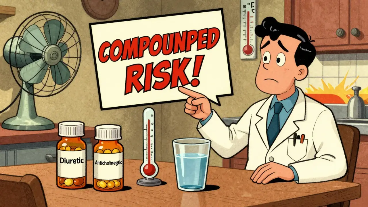 Two pill bottles on table with warning sign 'COMPOUNDED RISK!' as doctor points, fan spins uselessly in background.