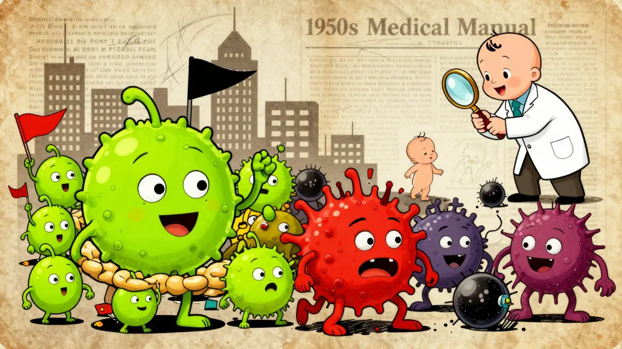 Whimsical cartoon gut microbiome city with friendly bacteria vs. menacing monsters attacking a baby.