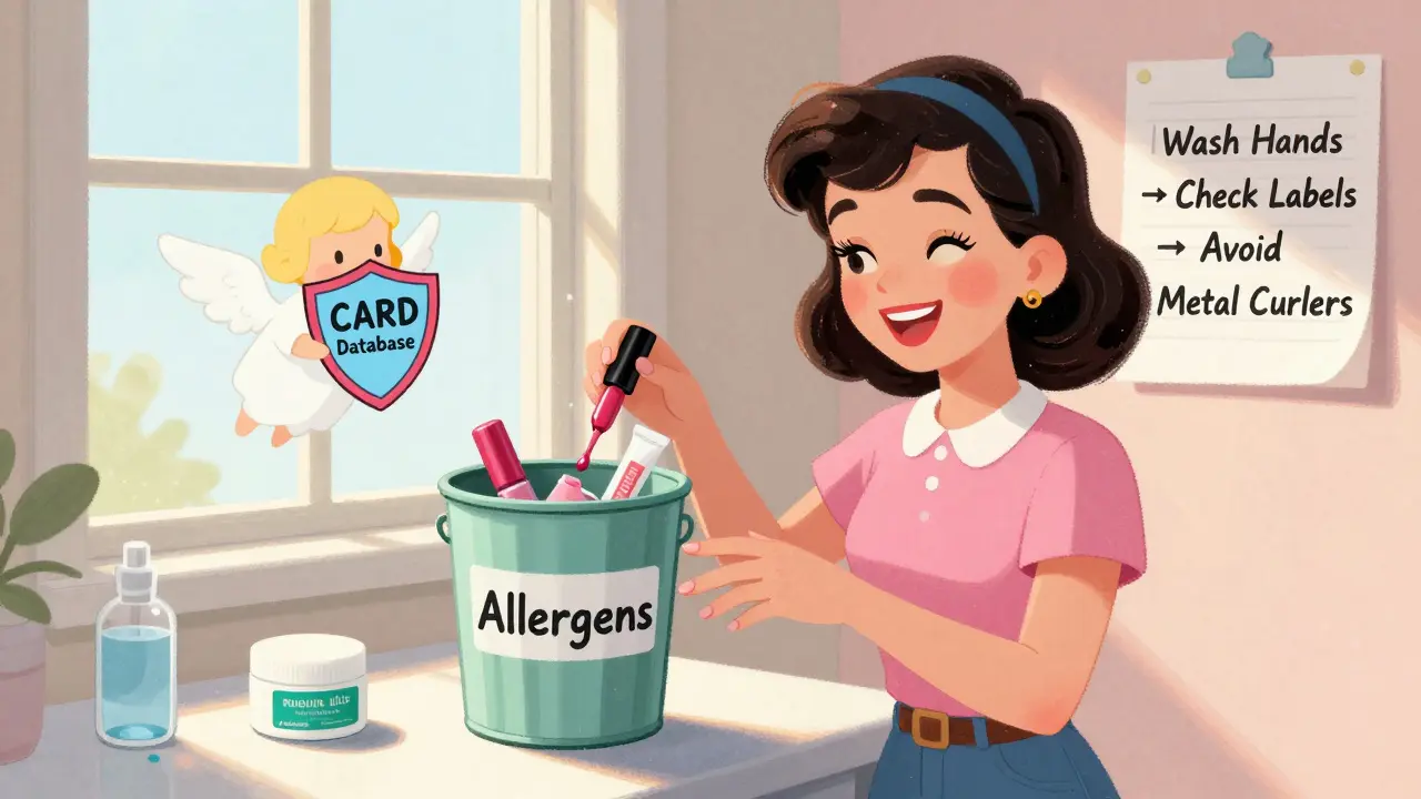 Woman discarding cosmetic allergens while clean skincare items glow in sunlight, vintage cartoon style.