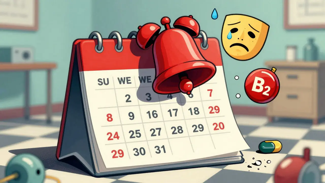 A calendar highlighting week 8 with emotional symbols floating around a patient experiencing side effects.