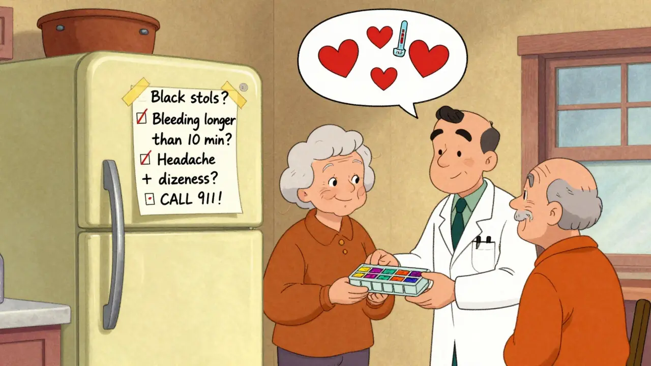 A fridge with a bleeding warning checklist and a doctor giving a pill organizer to a senior couple in nostalgic cartoon style.
