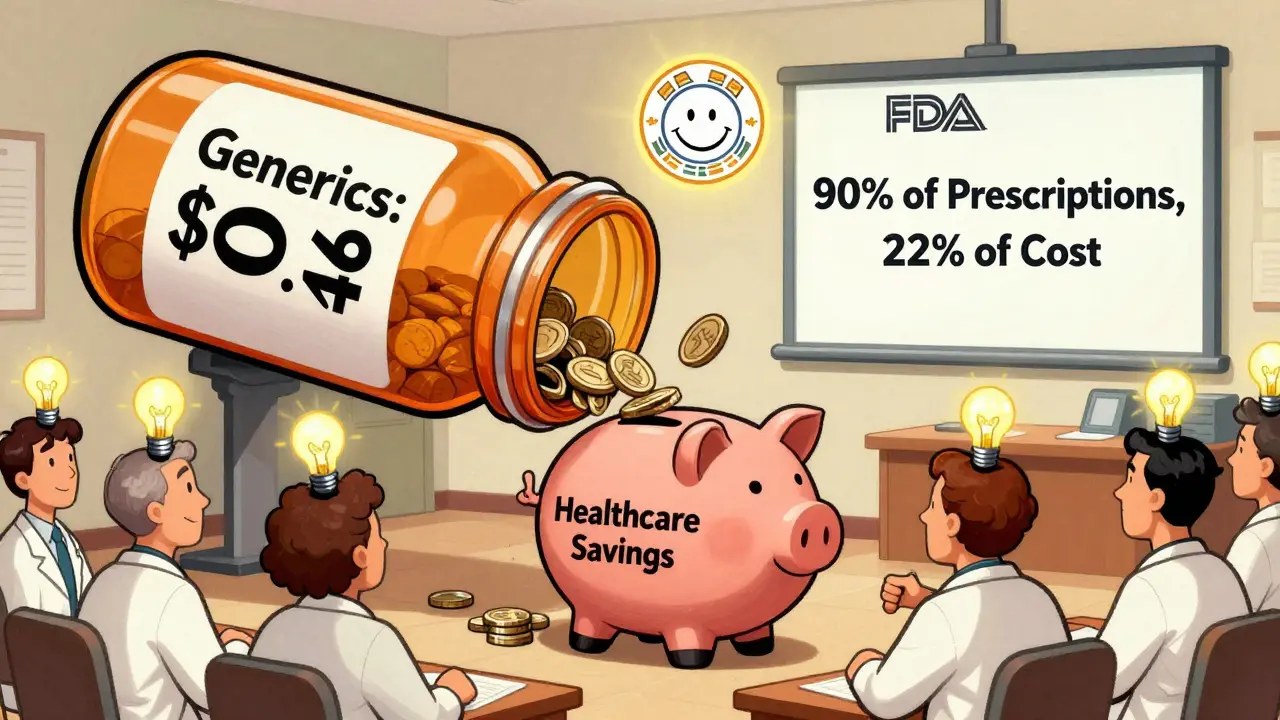 A giant generic pill bottle fills a savings piggy bank as doctors react with mixed expressions in a classroom.