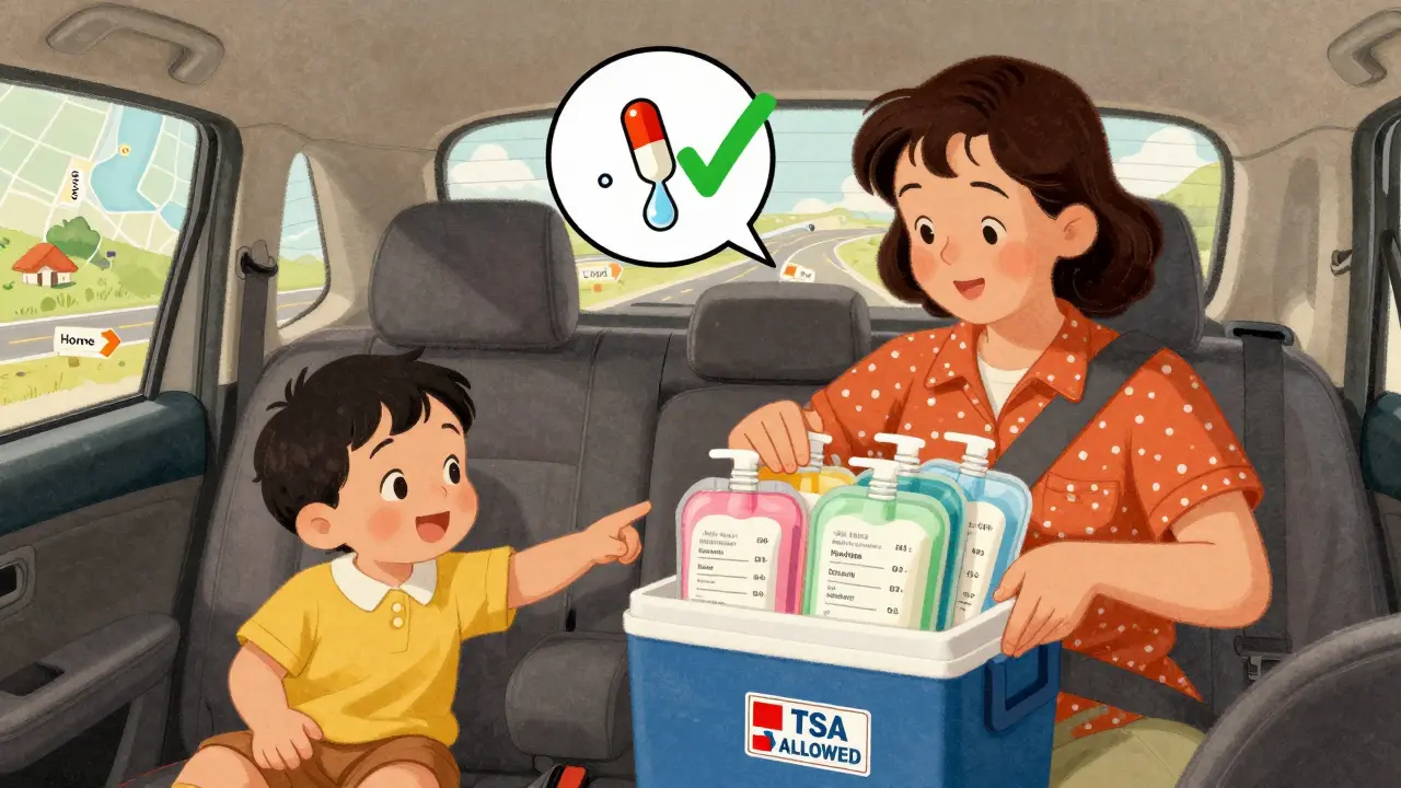 A mother traveling with color-coded breast milk bags in a cooler, while a child points to a TSA-approved label.