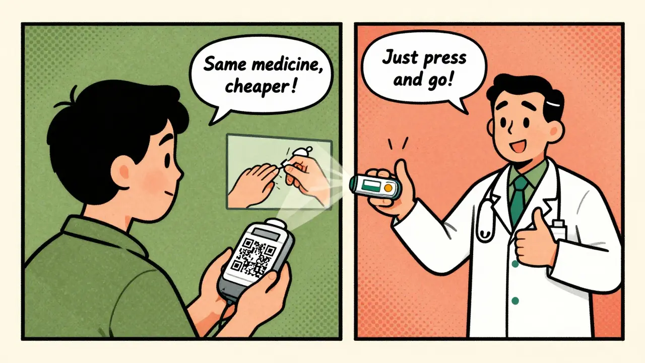 A patient holds a generic auto-injector with a floating video tutorial above it, guided by a doctor's thumbs-up.