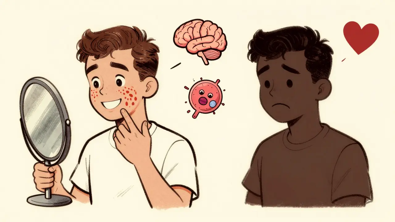 A patient sees their clear skin in a mirror while a shadowy version of themselves looks emotionally drained.