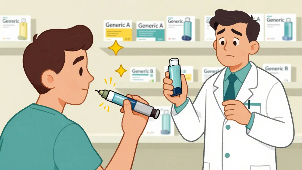 A patient uses an insulin pen as two different generic inhalers sit confusedly side by side on a pharmacy shelf.