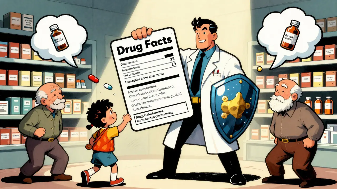 A pharmacist shielded by a Drug Facts label, protecting a child and elder from dangerous pills in vintage cartoon art.