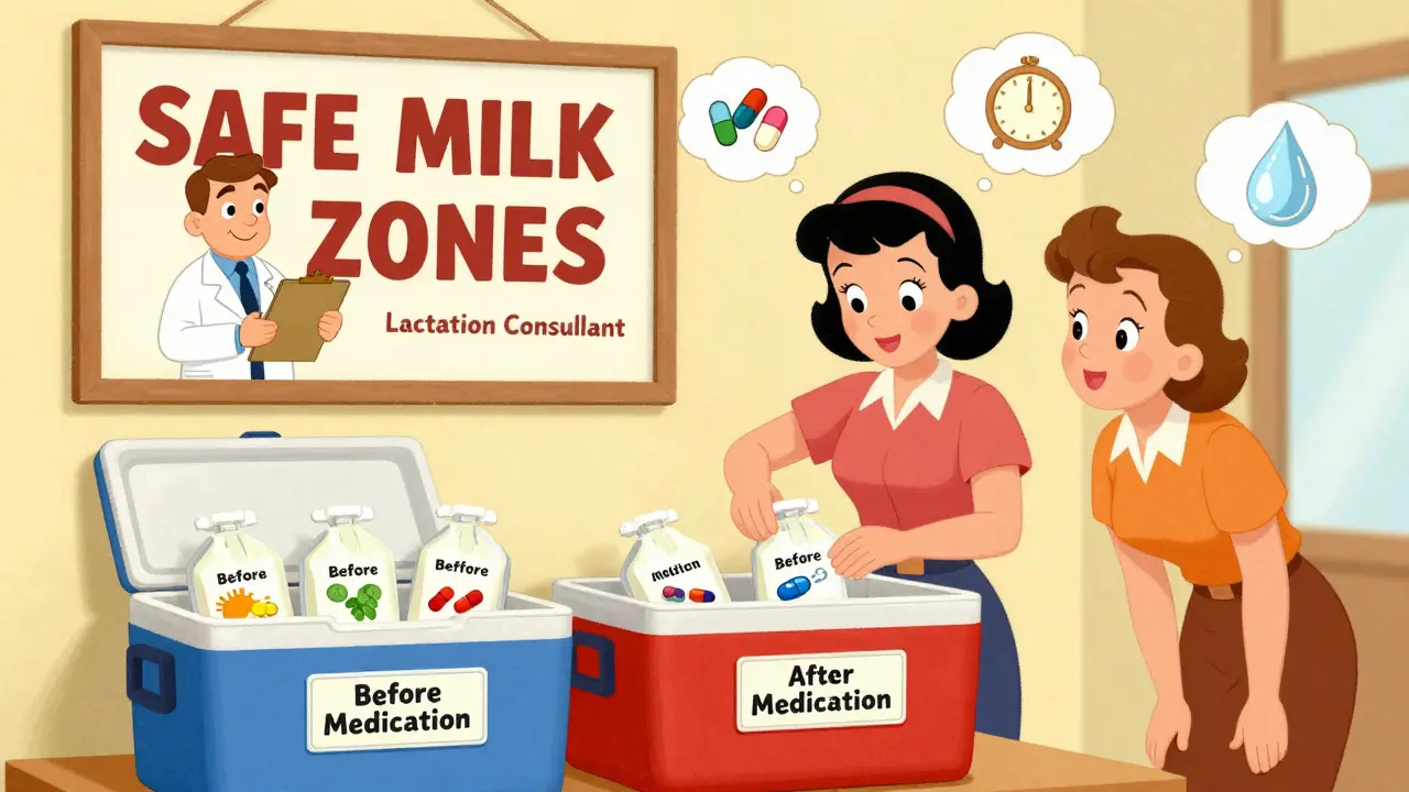 A working mom organizing labeled milk containers in separate coolers at her office, with a cartoon doctor nearby.