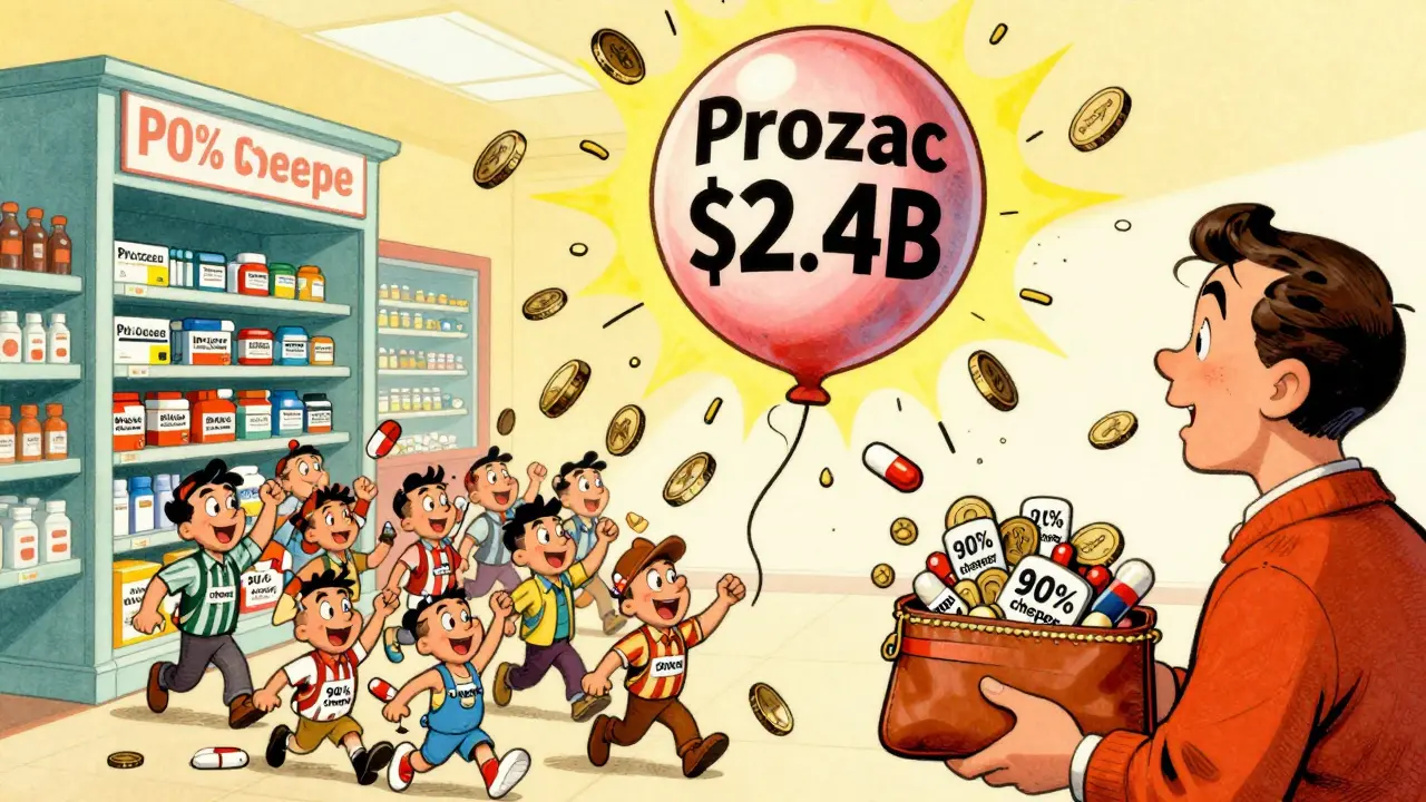 Cartoon pharmacy scene showing a branded drug balloon popping as cheap generics flood in, saving patient money.