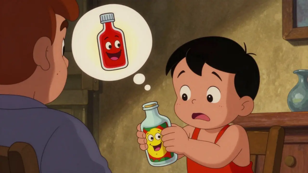 Child refusing generic medicine bottle, clenching colorful branded syrup with a smiling mascot, parent watching anxiously.