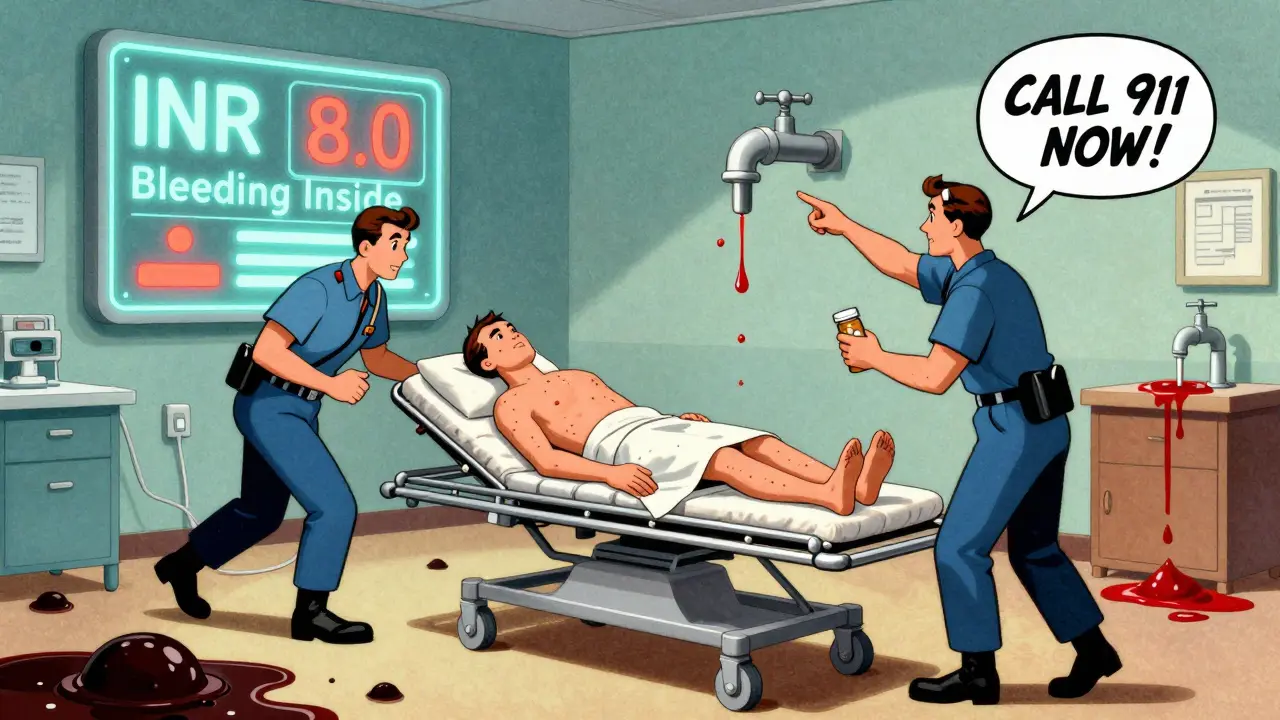 Emergency responders rushing a patient in an ER, with visual symbols of internal bleeding and a glowing INR chart in classic comic style.