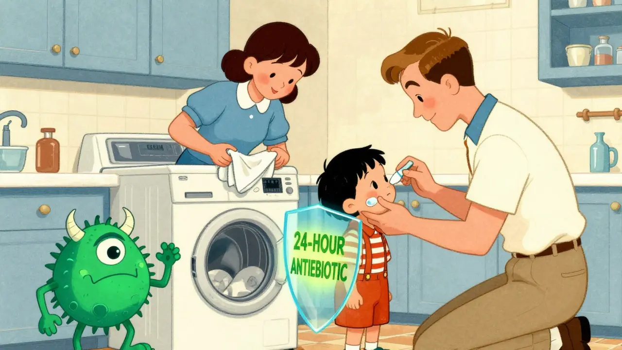Family applying topical ointment and washing towels, MRSA monster cowering, '24-HOUR ANTIBIOTIC' shield glowing