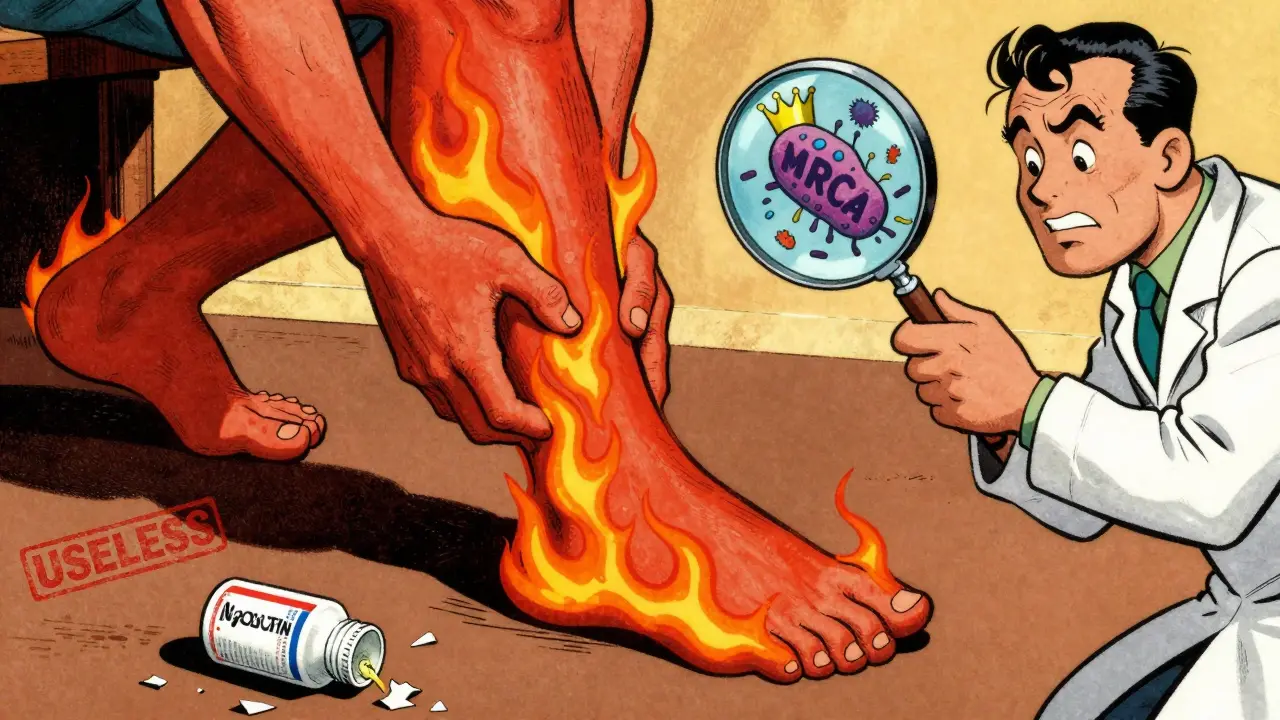 Man with spreading red leg infection, doctor examining with magnifying glass, MRSA bacteria crowned, Neosporin bottle broken