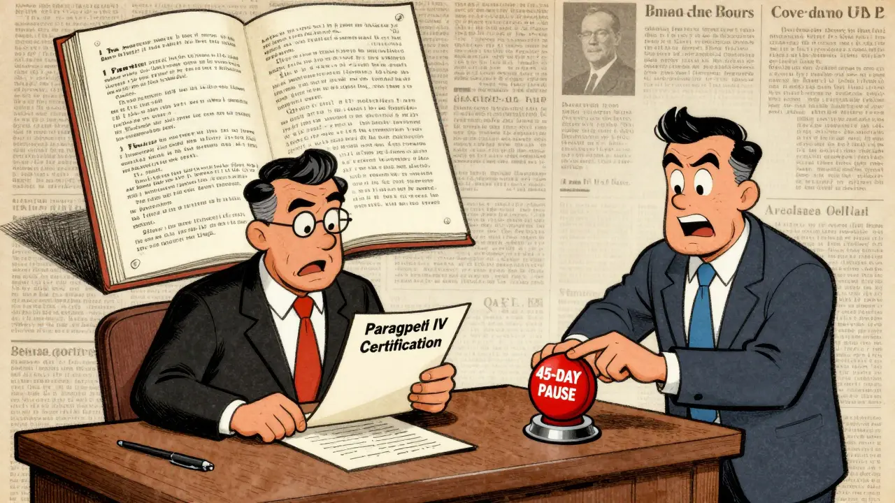 Retro cartoon courtroom scene with a lawyer pressing a '45-Day Pause' button while an Orange Book looms in the background.
