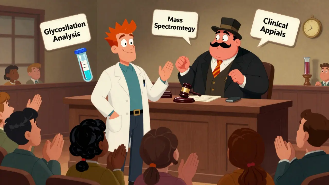 A biosimilar hero in a lab coat defends itself in court against a patent troll, with scientific tests floating around.