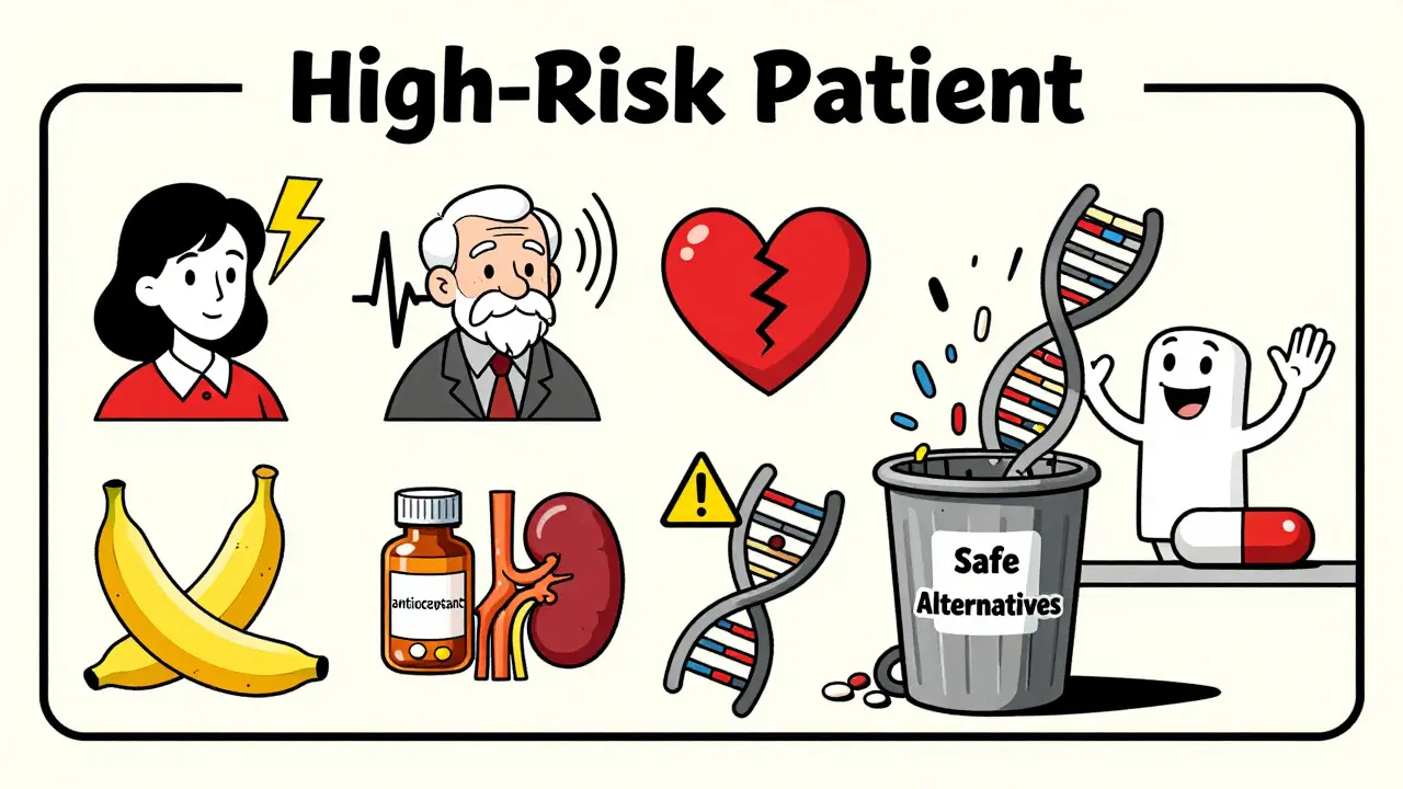 A checklist of heart risk factors being discarded as a safe antibiotic waits on the shelf.