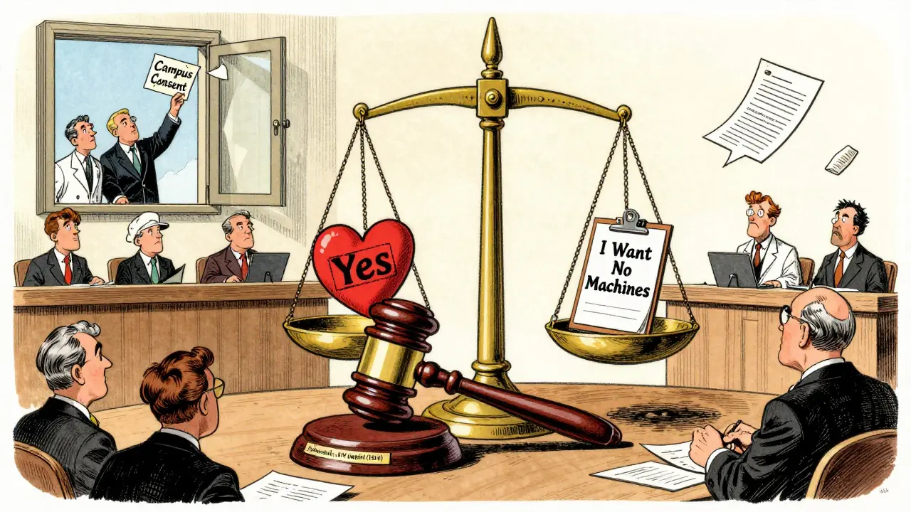 A courtroom scale contrasts sexual consent with medical directives, in vintage cartoon style.