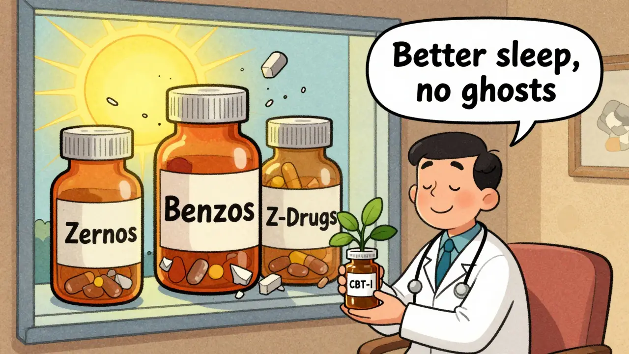 A doctor gives a plant instead of pills, with crumbling drug bottles behind them in nostalgic cartoon style.
