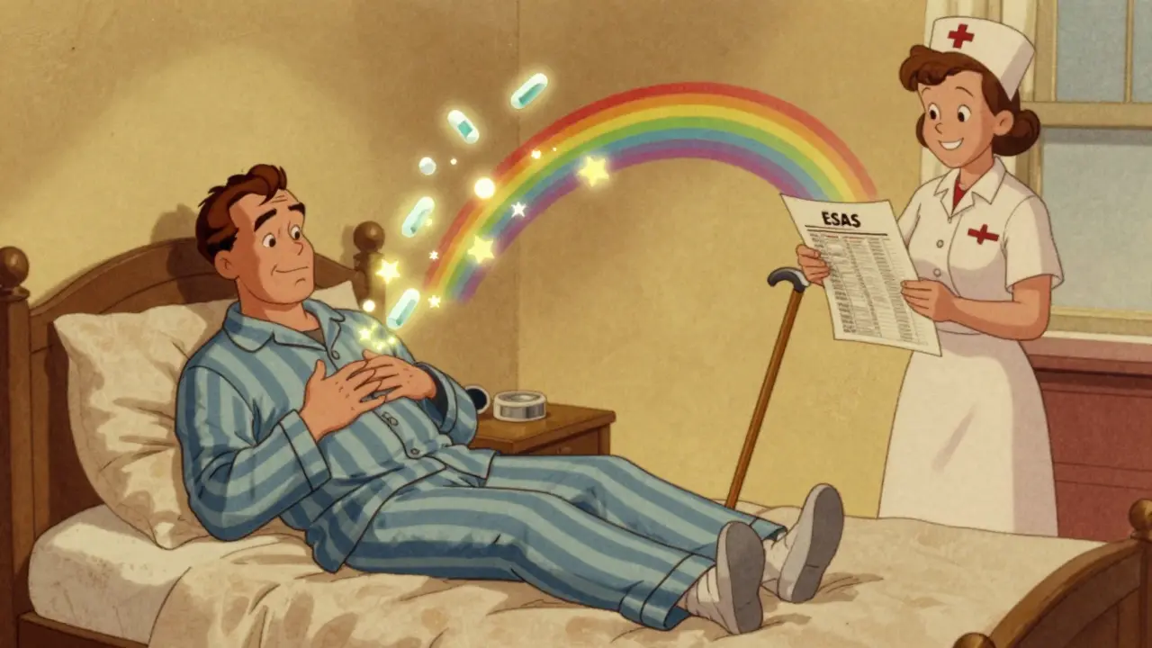 A man in pajamas feels relief from pain as glowing meds float away, replaced by a rainbow cane, with a nurse offering a symptom chart.