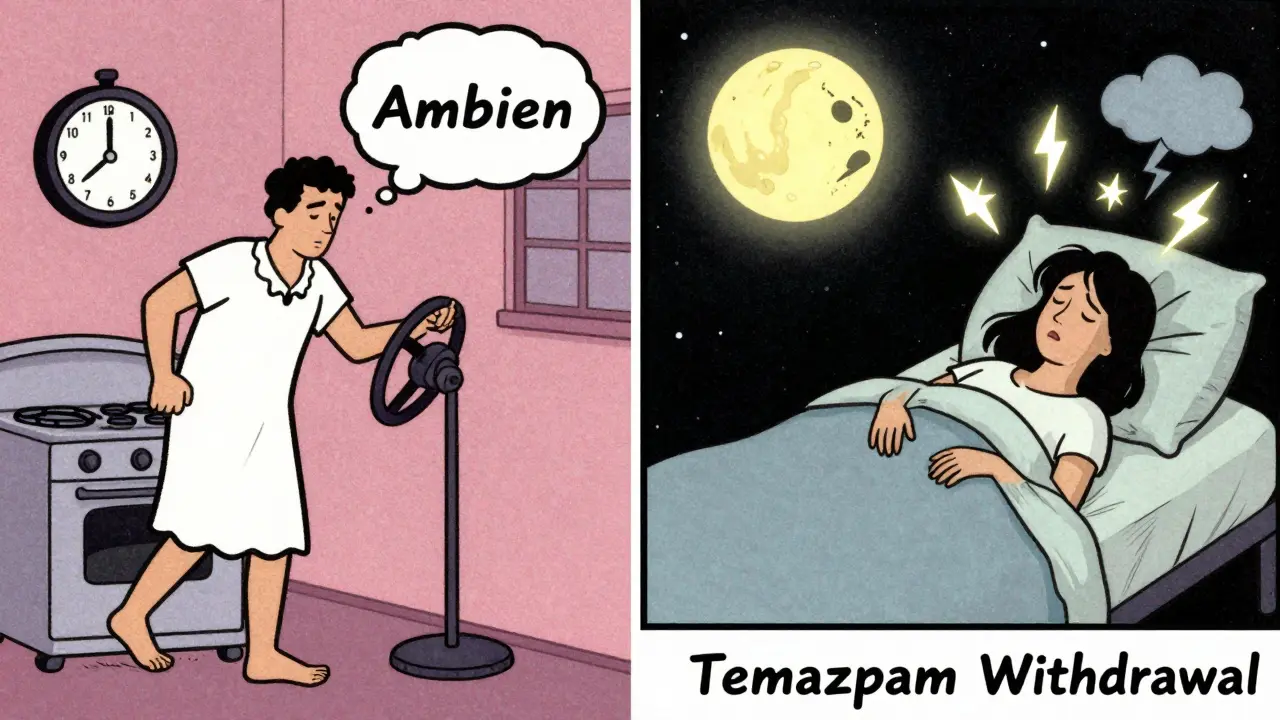 A man sleepwalking while cooking and driving, with anxiety symbols above a woman in bed, vintage cartoon style.