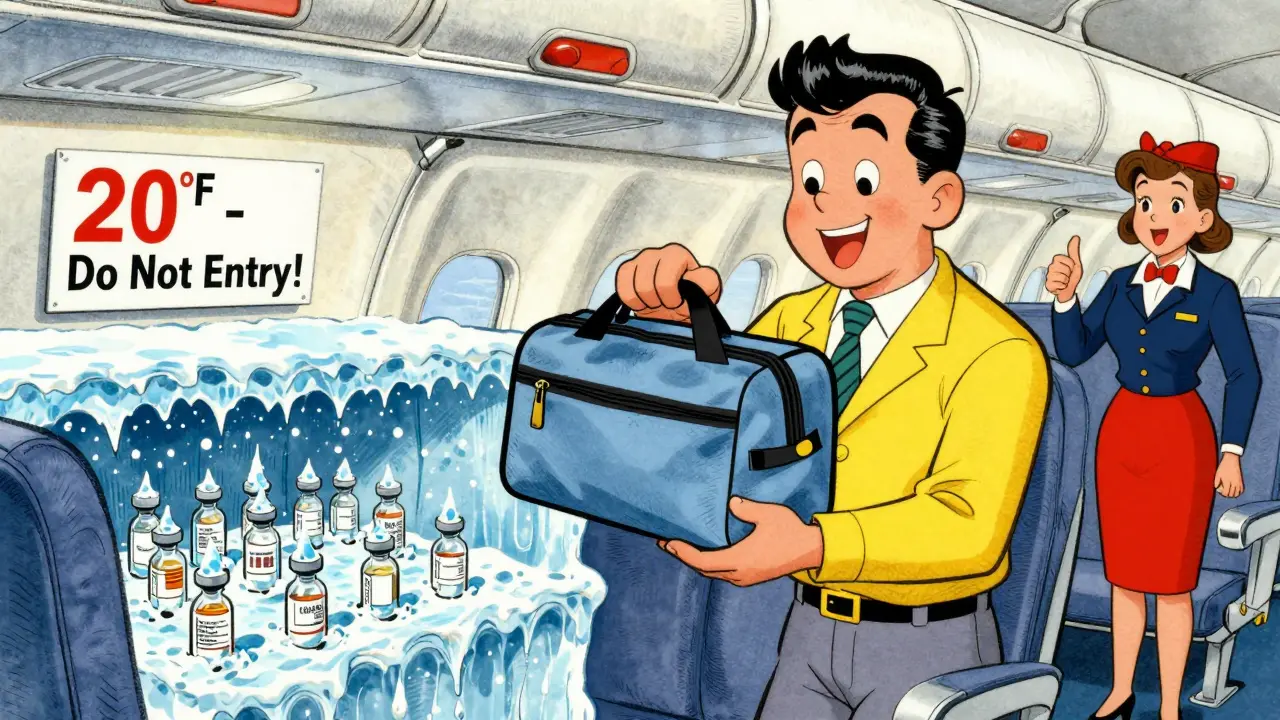 A passenger on a plane holding a medical cooler under their seat as a frozen cargo hold shivers below with icy vials.