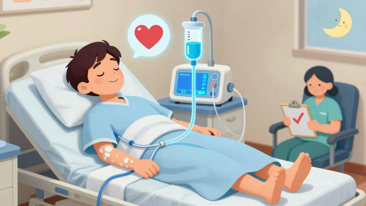 A patient sleeping peacefully while a home dialysis machine operates quietly at night, with glowing indicators.