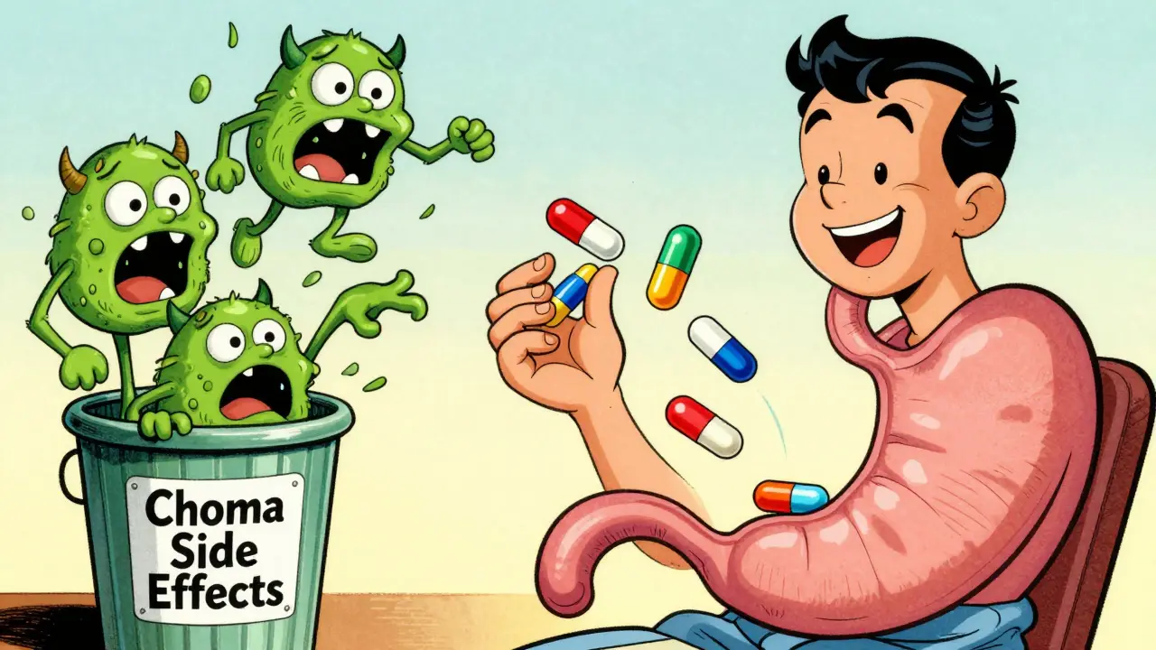 A patient smiles as colorful antiemetic pills repel nausea monsters in their stomach, with vomiting monsters retreating into a trash can.