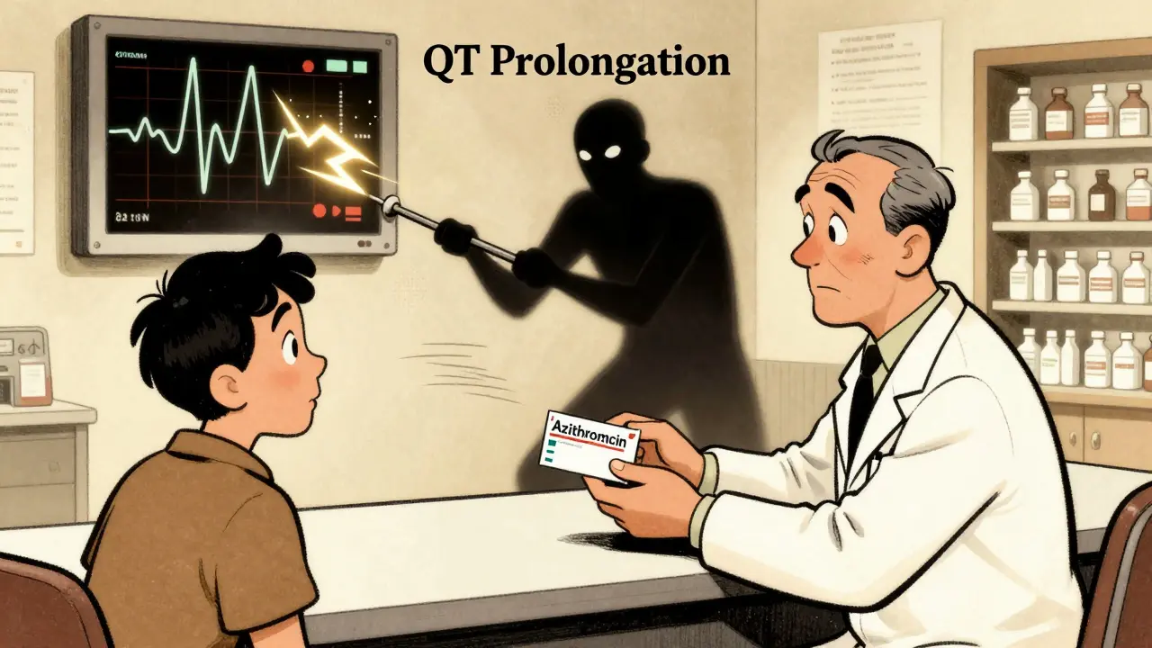 A pharmacist handing azithromycin to a patient while a shadowy figure triggers a dangerous heart rhythm.