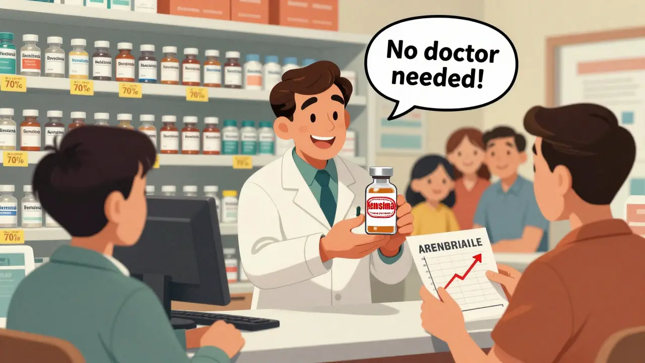 A pharmacist hands a patient a biosimilar vial labeled 'Interchangeable' while price tags show big savings in a colorful pharmacy.