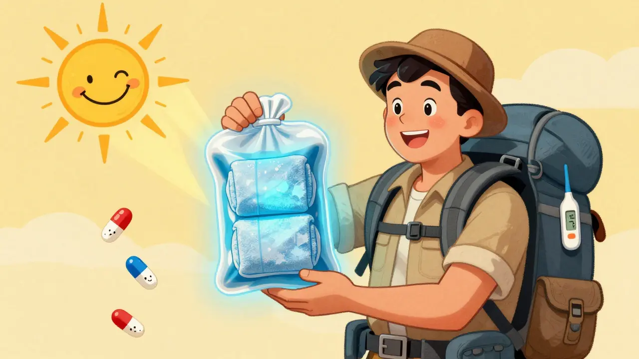 A traveler holding an insulated medication bag with gel packs wrapped in towels, glowing cool blue, while a warm sun shines safely above.