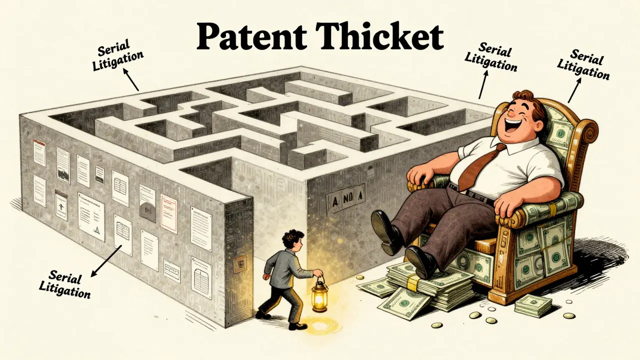 Cartoon maze of patents trapping a generic drug maker while a wealthy company laughs from a money throne.