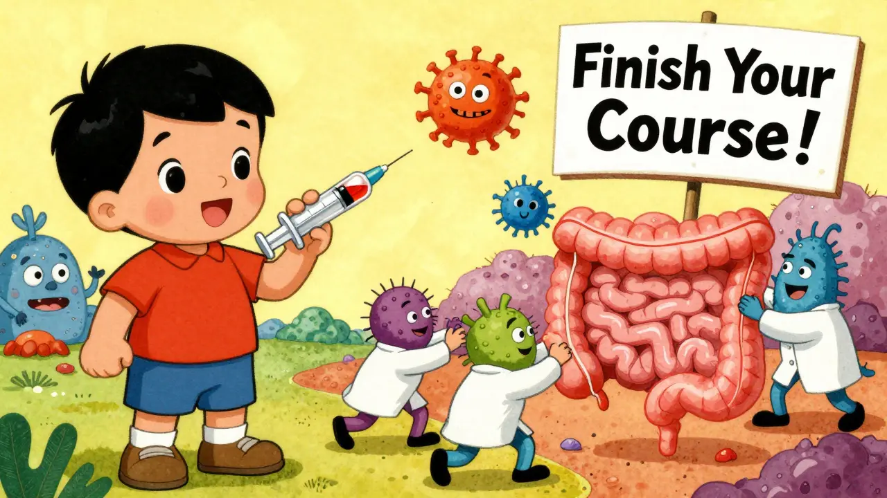 Child taking medicine while friendly gut bacteria fight C. diff monsters in the intestines.