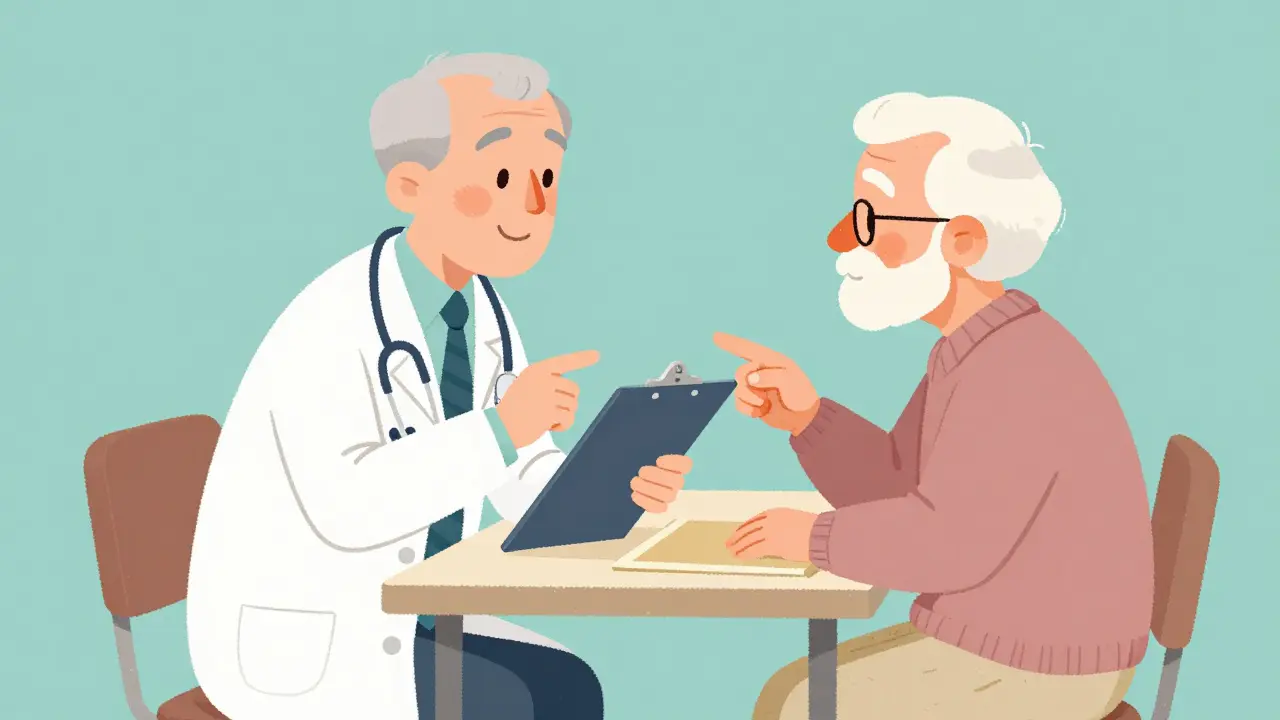Doctor and senior patient discussing health in office