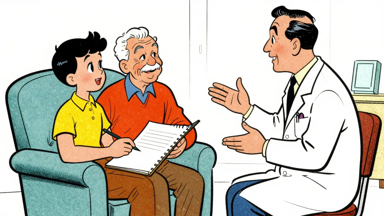 Doctor talking to senior and caregiver in exam room.