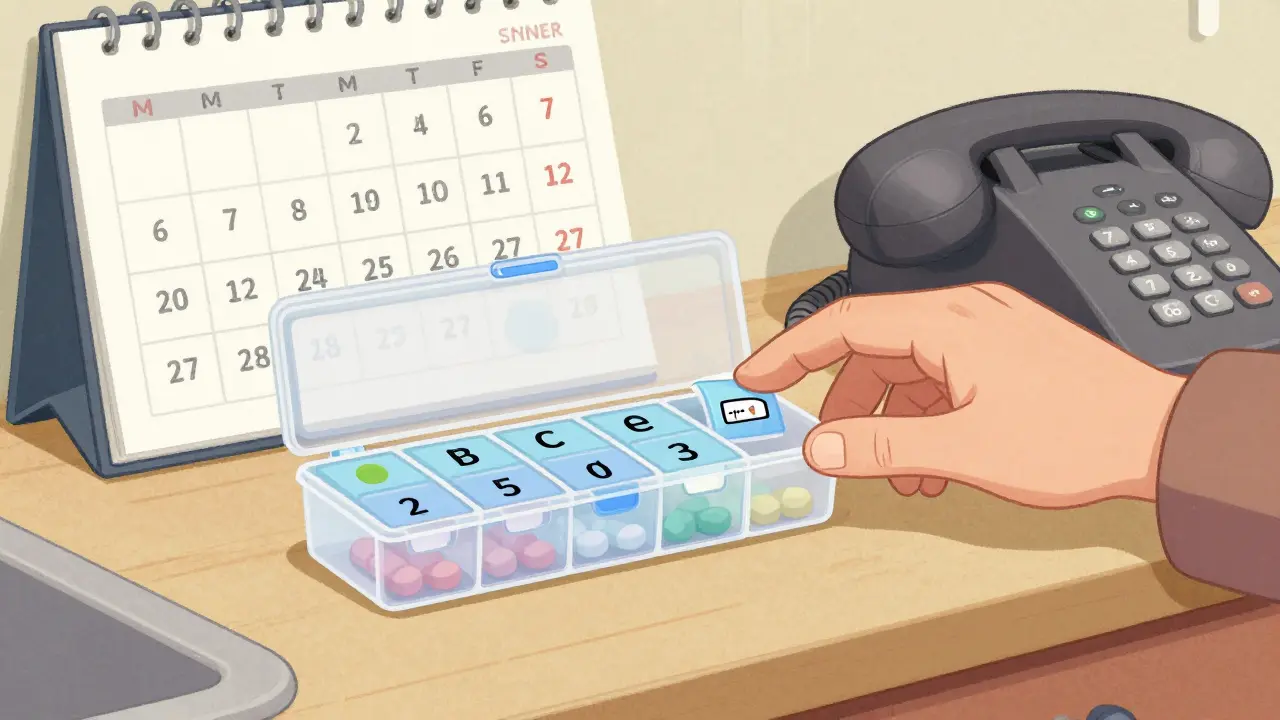 Hand closing a weekly pill organizer box on a counter.