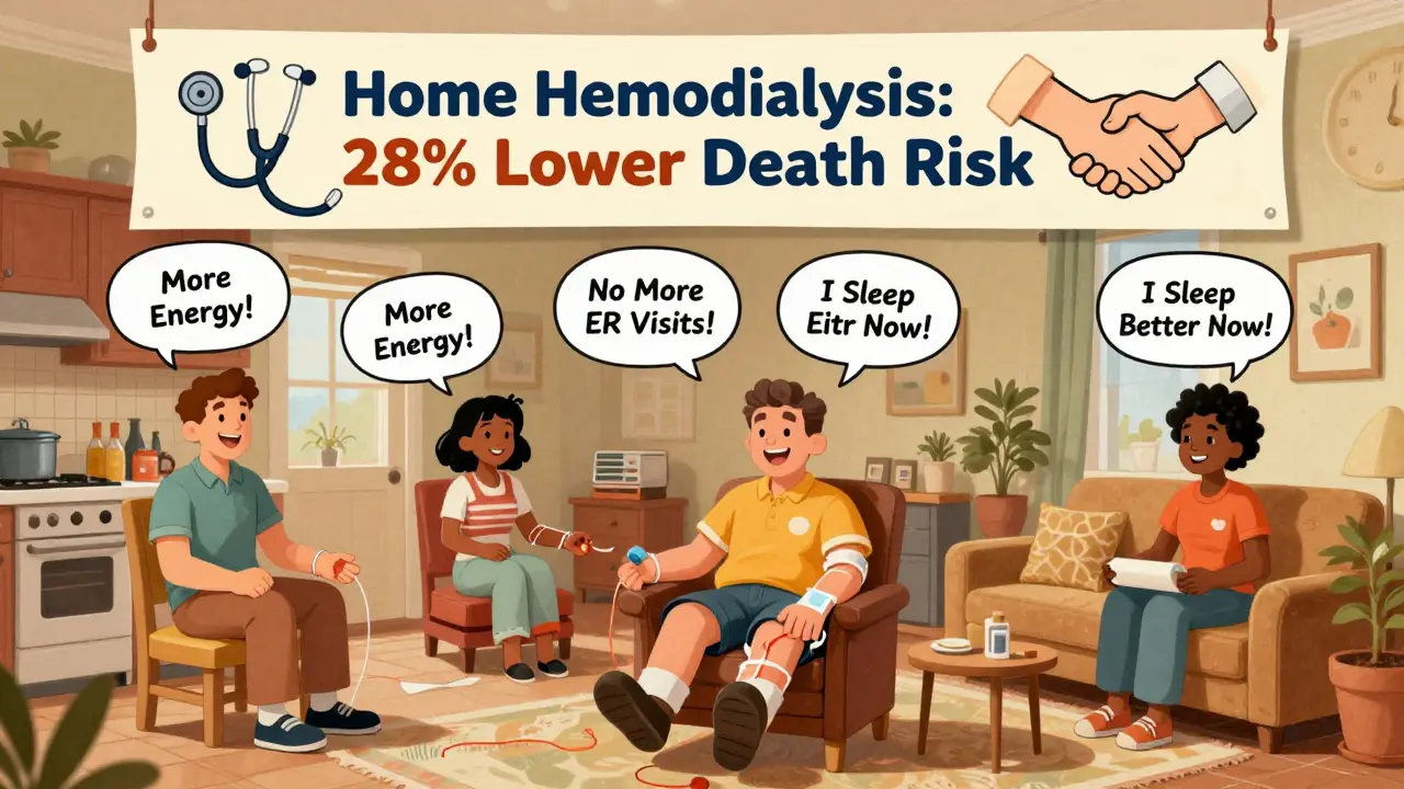 Multiple patients enjoying improved health at home during daily dialysis, with positive speech bubbles above them.