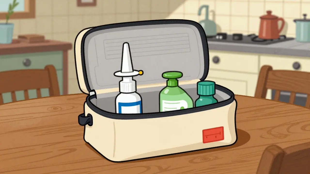 Open emergency bag with medical supplies on a retro kitchen table