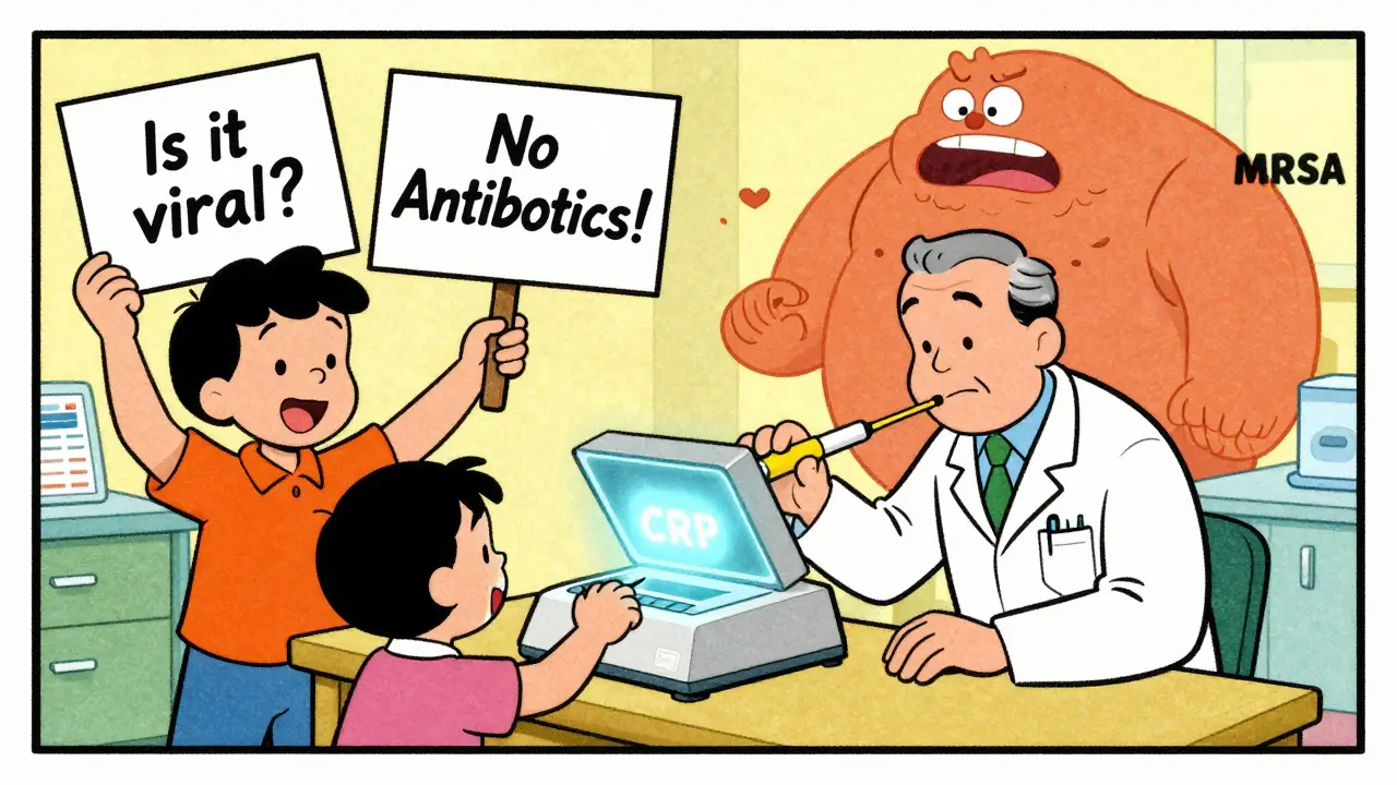 Parents and doctors in clinic using a test machine to stop unnecessary antibiotic prescriptions.